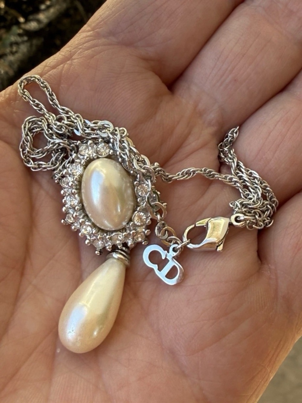 Vintage Christian Dior Teardrop Pearl Dangle Rhinestone Silver Chain Necklace